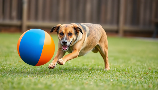 Dog chasing a colorful herding ball for dogs on a grassy lawn in a fenced backyard