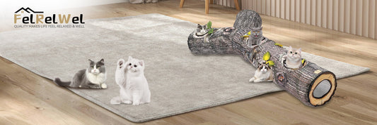 Cats playing and relaxing around cat tunnels designed like hollow tree logs on a gray rug in a living room