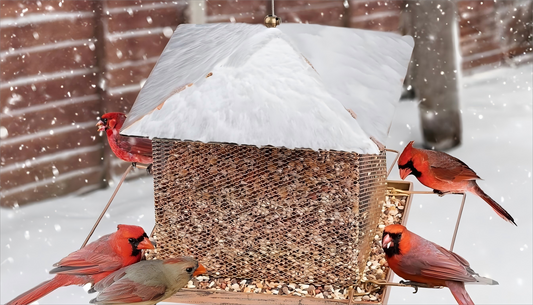 Squirrel proof bird feeder covered in snow with red cardinals and a small bird feeding on seeds