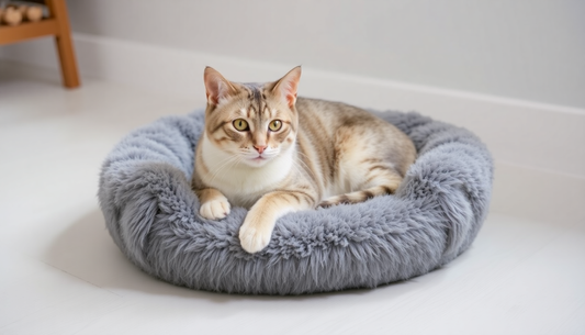 Cat resting comfortably on a gray plush bed showcasing the best cat beds for home