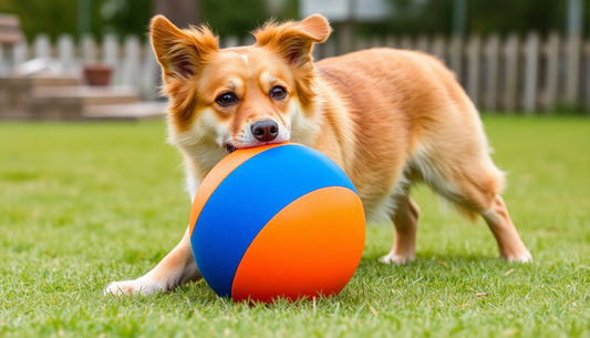Dog playing with a large blue and orange ball outdoors showing herding balls for dogs benefits