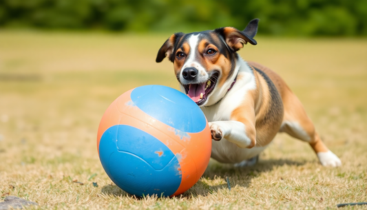 Happy dog playing with a large ball outdoors showcasing engaging dog toys for outdoor play