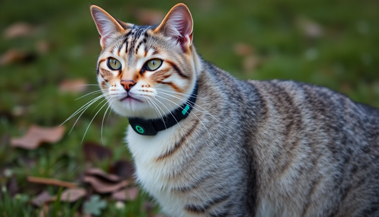 Close-up of a cat wearing a GPS tracker collar outdoors showing how to use cat GPS trackers