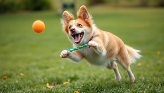 Happy dog playing outdoors with a flirt pole showing how to use a flirt pole for pet exercise