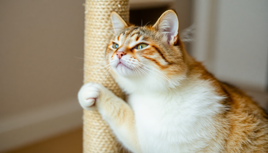 Cat using quality cat scratching posts with a close-up of an orange and white tabby scratching
