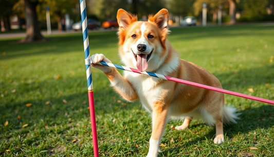 Happy dog playing with a flirt pole outdoors showing the benefits of flirt pole for dogs