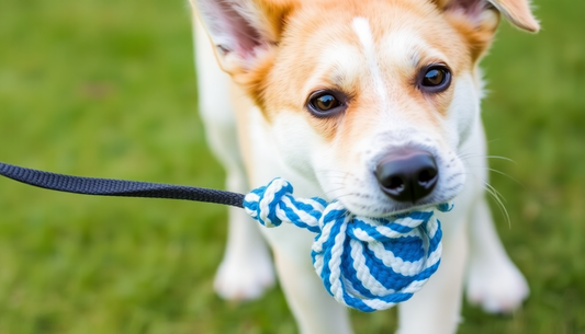 Close up of playful dog holding a blue and white rope toy demonstrating flirt pole benefits for dogs