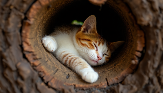 A cat peacefully sleeping inside a realistic tree trunk cat tunnel demonstrating realistic tree trunk cat tunnel benefits