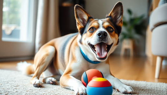 Happy dog lying on a carpet with colorful toys, perfect for the best interactive dog toys 2025