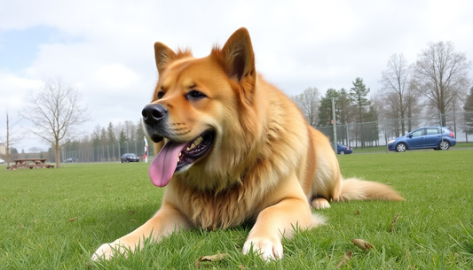 Large dog lying on grass in park illustrating choosing protective gloves for dogs