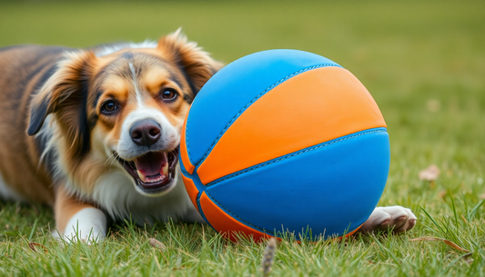 Happy dog lying on grass next to a colorful herding ball for dogs benefits and active play