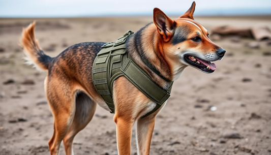Large dog wearing olive green tactical dog harness for large breeds standing on a sandy beach