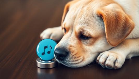 Puppy lying next to a blue button with music notes exploring if can dogs talk with buttons