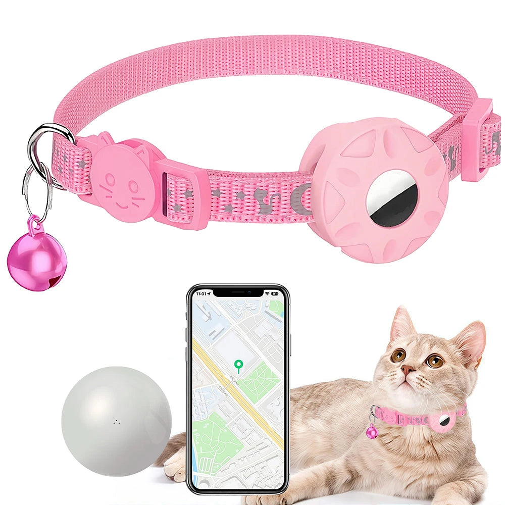 Pink Cat Gps Tracker Collar with bell and reflective pattern shown on a cat and smartphone map app