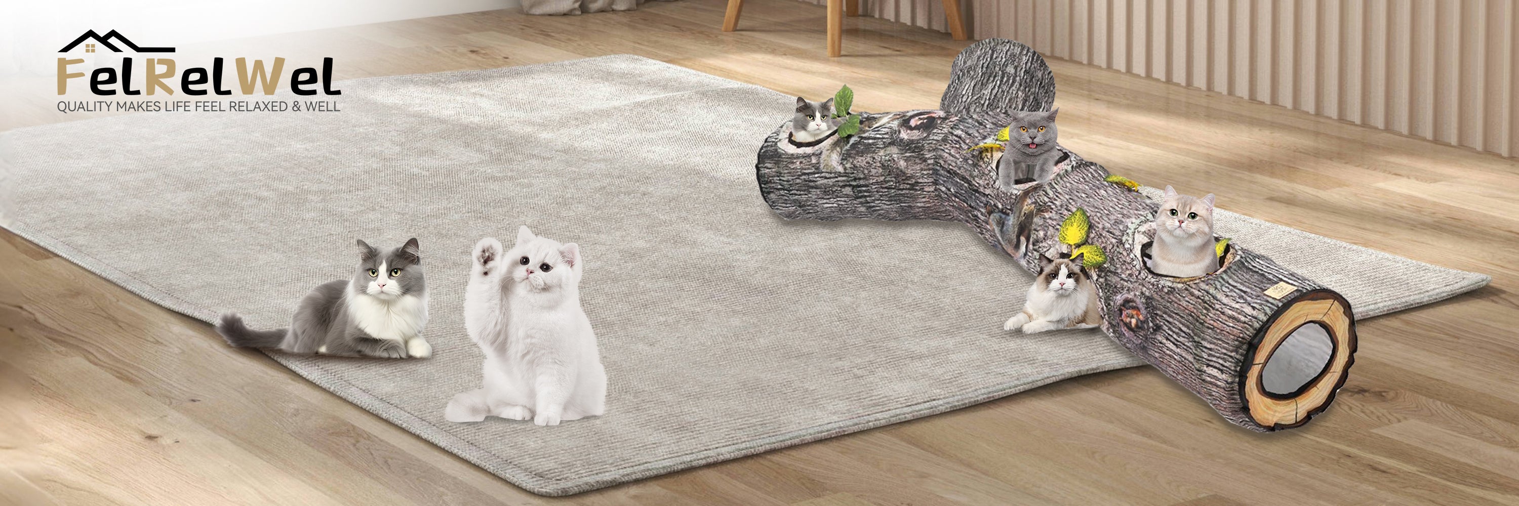 High-quality cat products including cozy toys and comfortable pet accessories on a light gray rug
