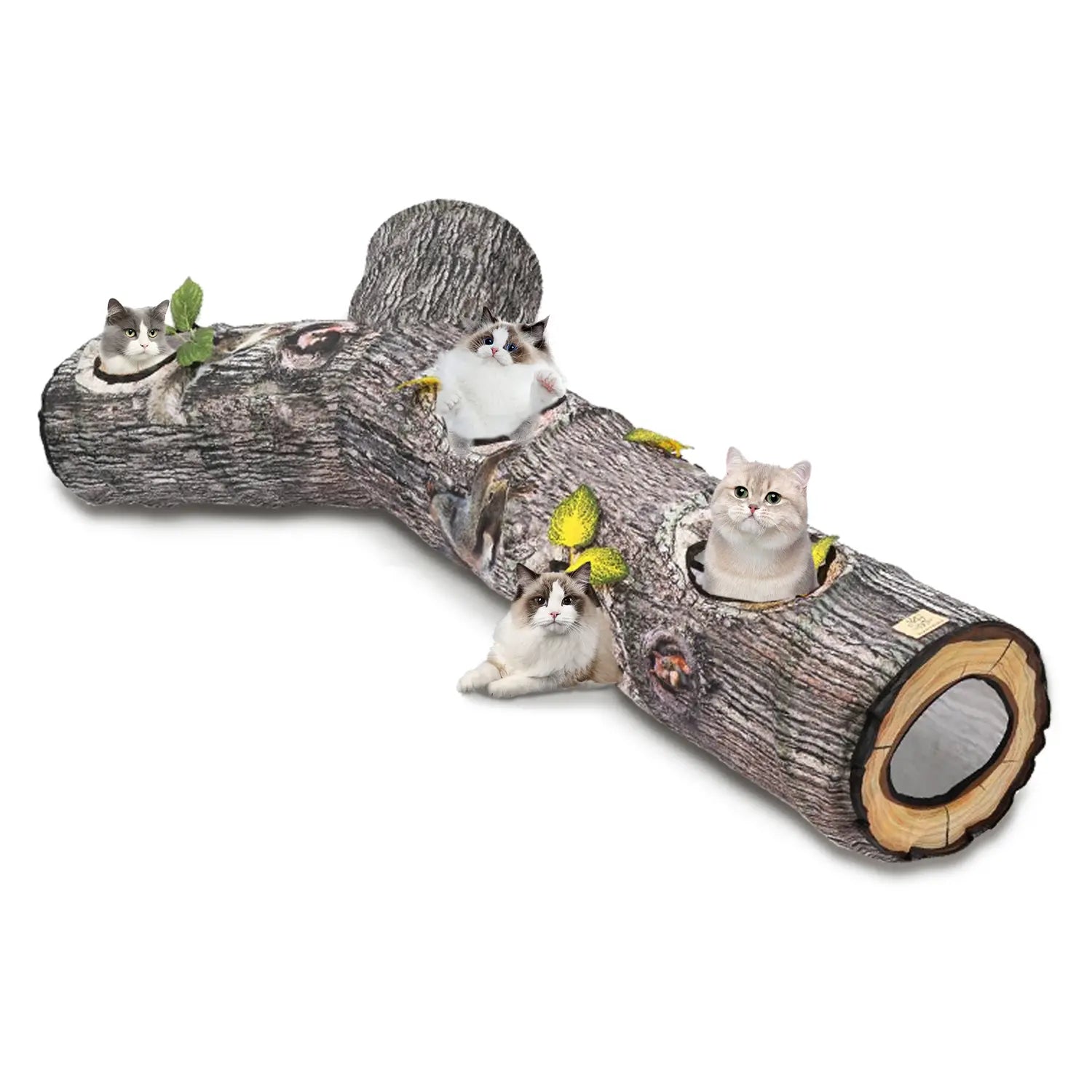 Realistic tree trunk cat tunnels with multiple openings featuring playful cats inside and around the tunnel