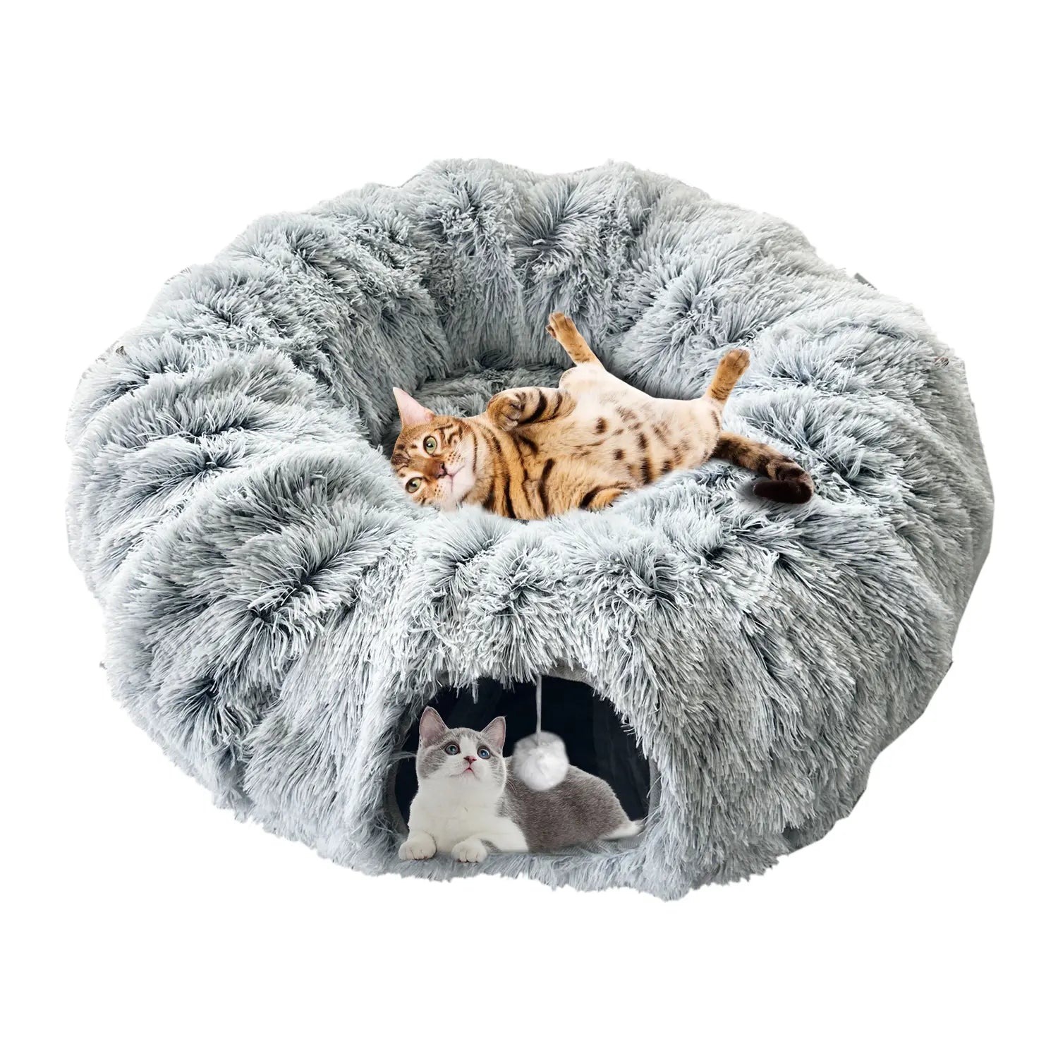 Soft plush Cat Tunnel Bed with three entryways featuring playful cats resting and hiding
