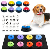 FelRelWel dog talking buttons set with blue and orange ball and accessories shown with two golden retriever dogs
