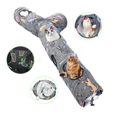 FelRelWel self luminous cat tunnel in gray with playful animal designs and multiple openings for cats
