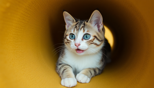 Curious cat inside a yellow tunnel illustrating how to choose cat tunnels for pet entertainment