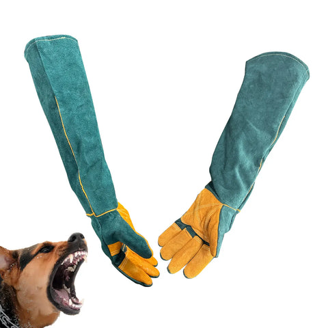 FelRelWel durable animal handling gloves in green and yellow leather protecting hands and forearms
