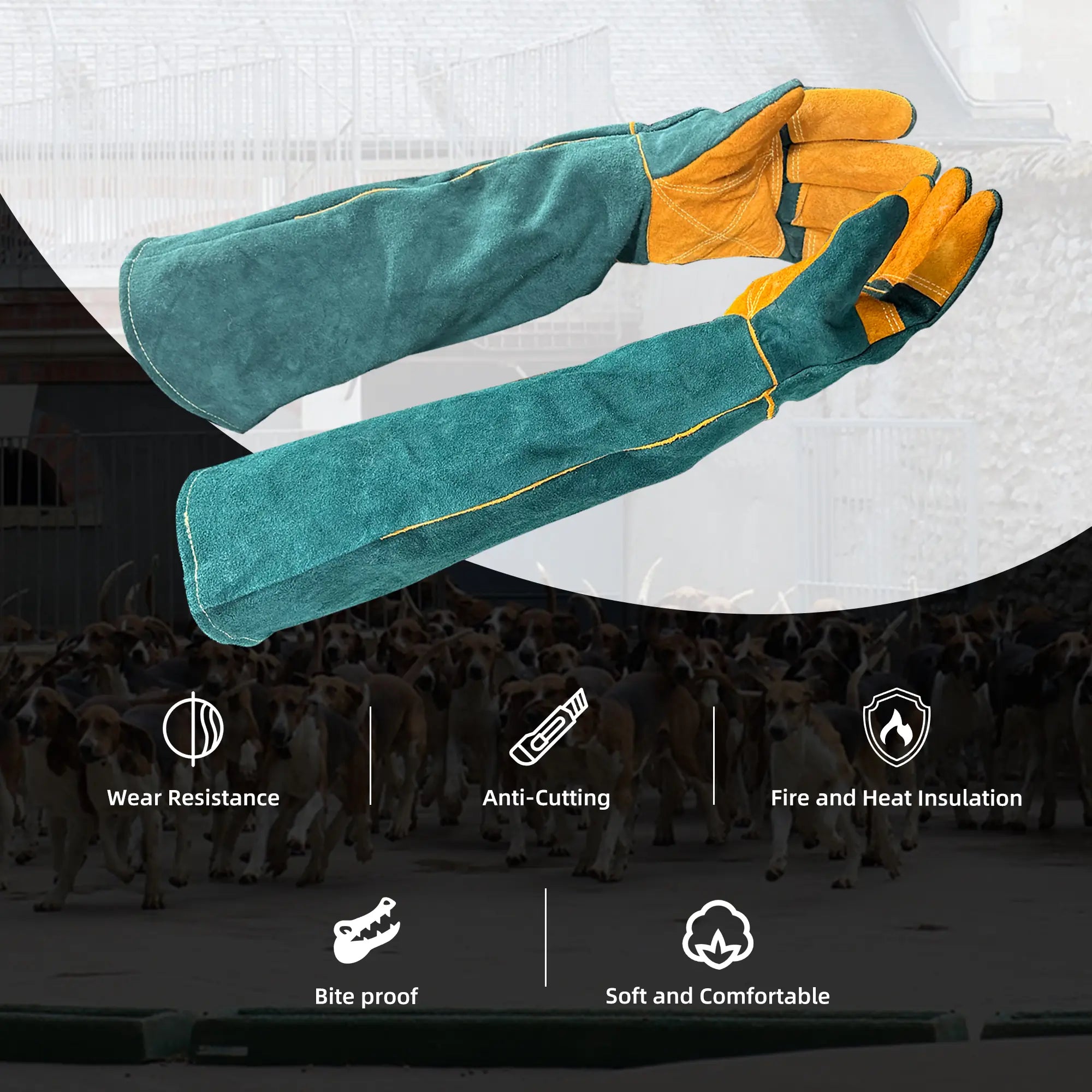 FelRelWel durable green and yellow animal handling gloves with long cuffs for protection
