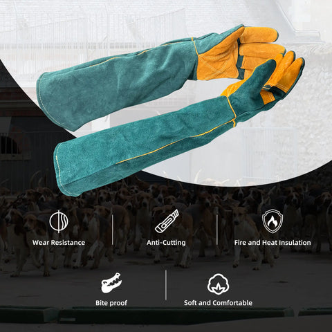 FelRelWel durable green and yellow animal handling gloves with long cuffs for protection