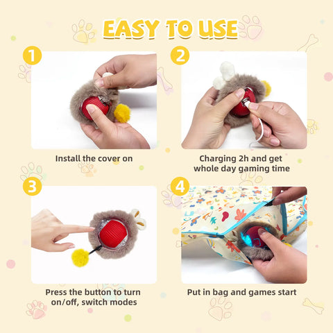 Step-by-step guide showing how to use FelRelWel automatic cat toy including cover installation, charging, power on, and playing in a bag