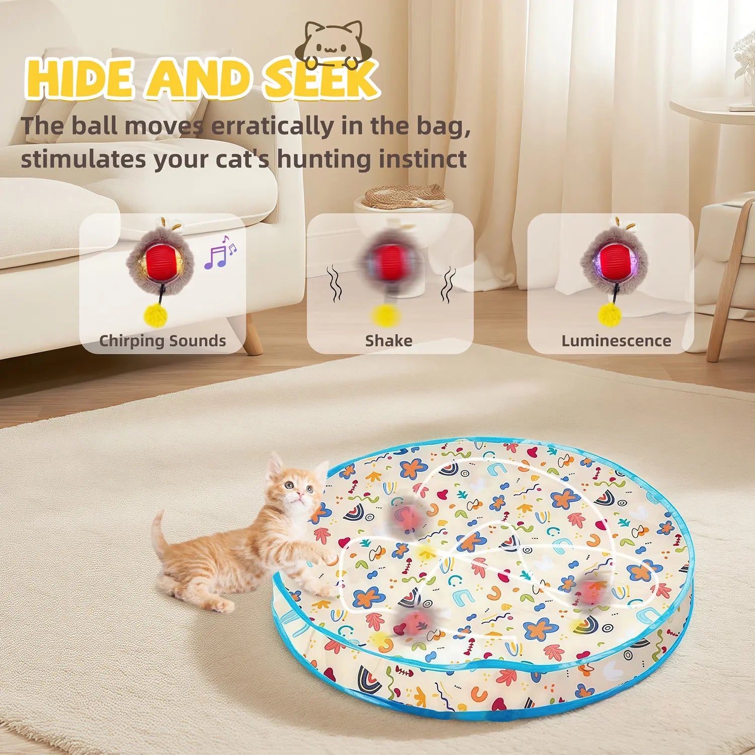 FelRelWel automatic cat toy with colorful fabric and erratically moving ball stimulating cat hunting instincts