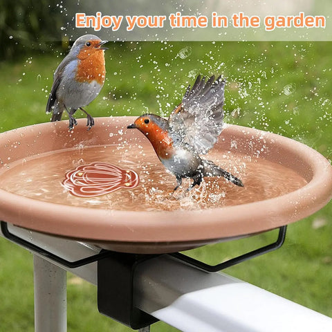 Copper cleaning disk for bird bath with lively birds splashing in water, enhancing garden enjoyment