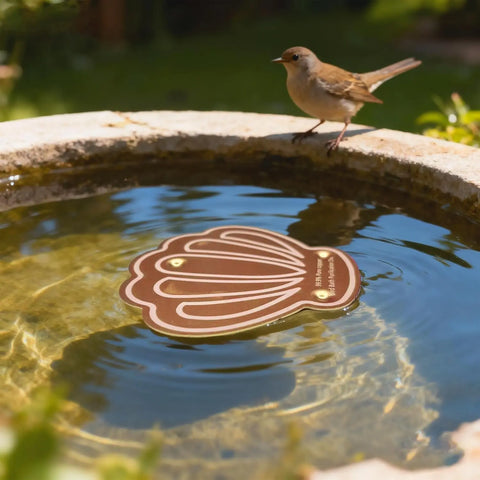 Copper cleaning disk for bird bath gently floating on water with a bird nearby
