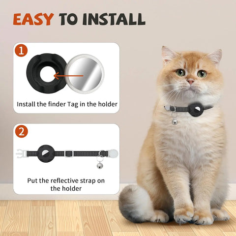 FelRelWel cat wearing GPS pet tracker collar with installation steps shown for easy setup