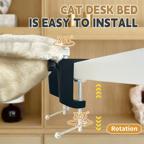 FelRelWel cat desk bed clamp showing easy 360 degree rotation installation on white desk