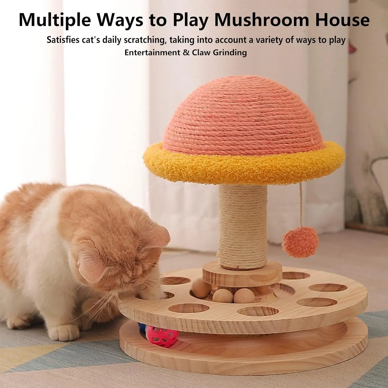 FelRelWel cat scratching post with hanging ball toy and mushroom house design for cat entertainment