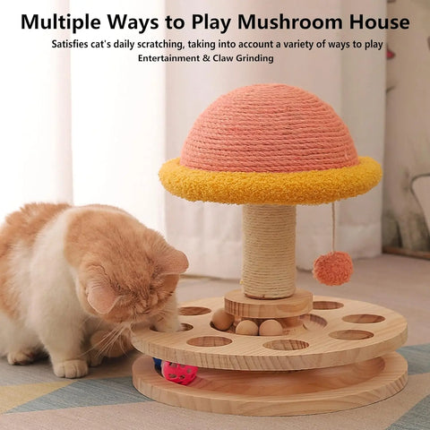 FelRelWel cat scratching post with hanging ball toy and mushroom house design for cat entertainment