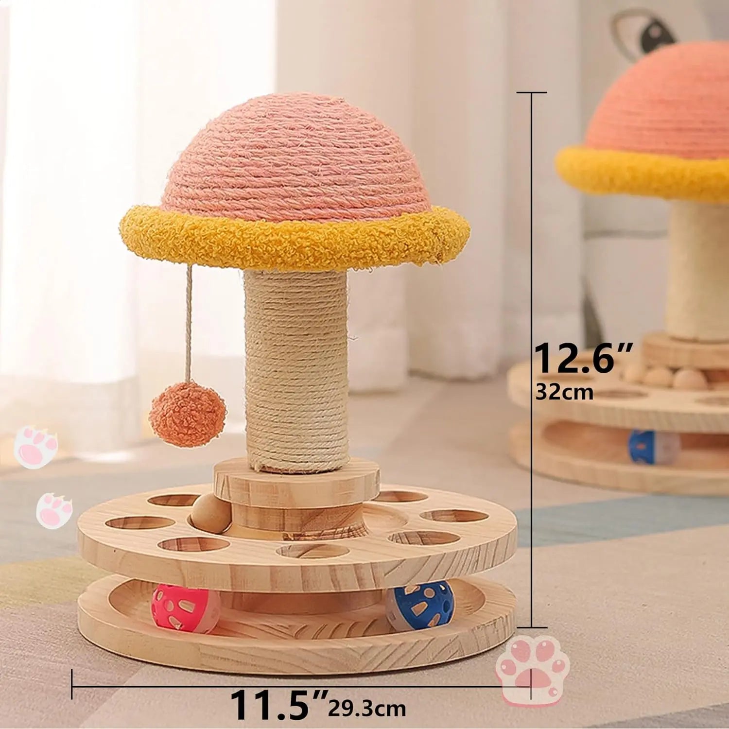 FelRelWel Hanging Ball Cat Scratching Post with wooden base and playful toy ball in natural colors