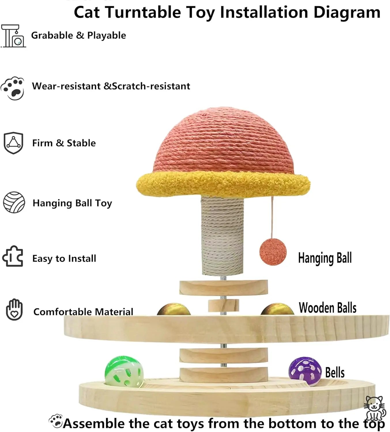 FelRelWel Hanging Ball Cat Scratching Post with wear-resistant rope and wooden base