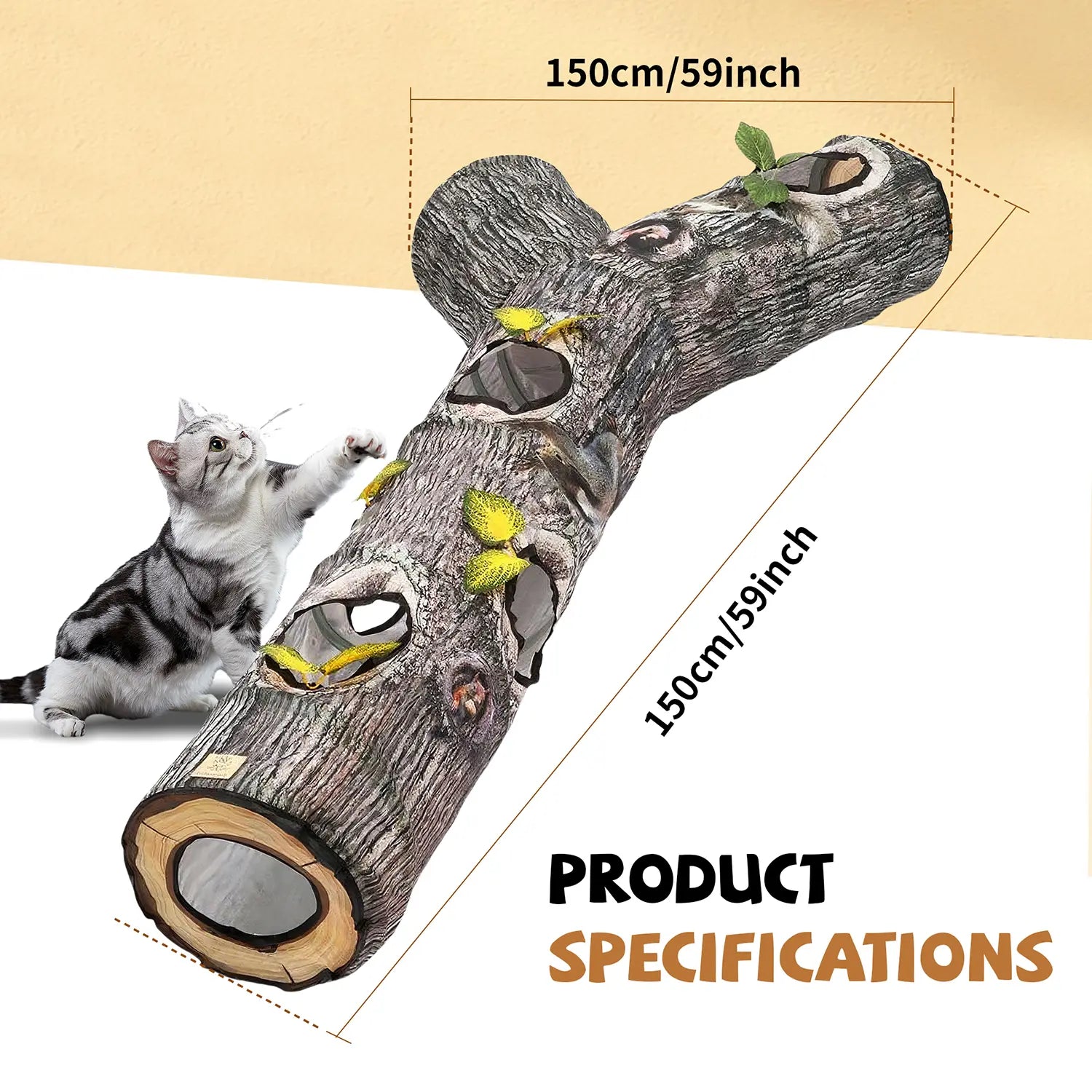 FelRelWel Cat Tunnel designed like a tree log with multiple openings for cats to play and hide
