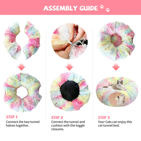 FelRelWel Cat Tunnel Bed assembly guide showing steps to connect tunnel halves and cushion with toggle closures