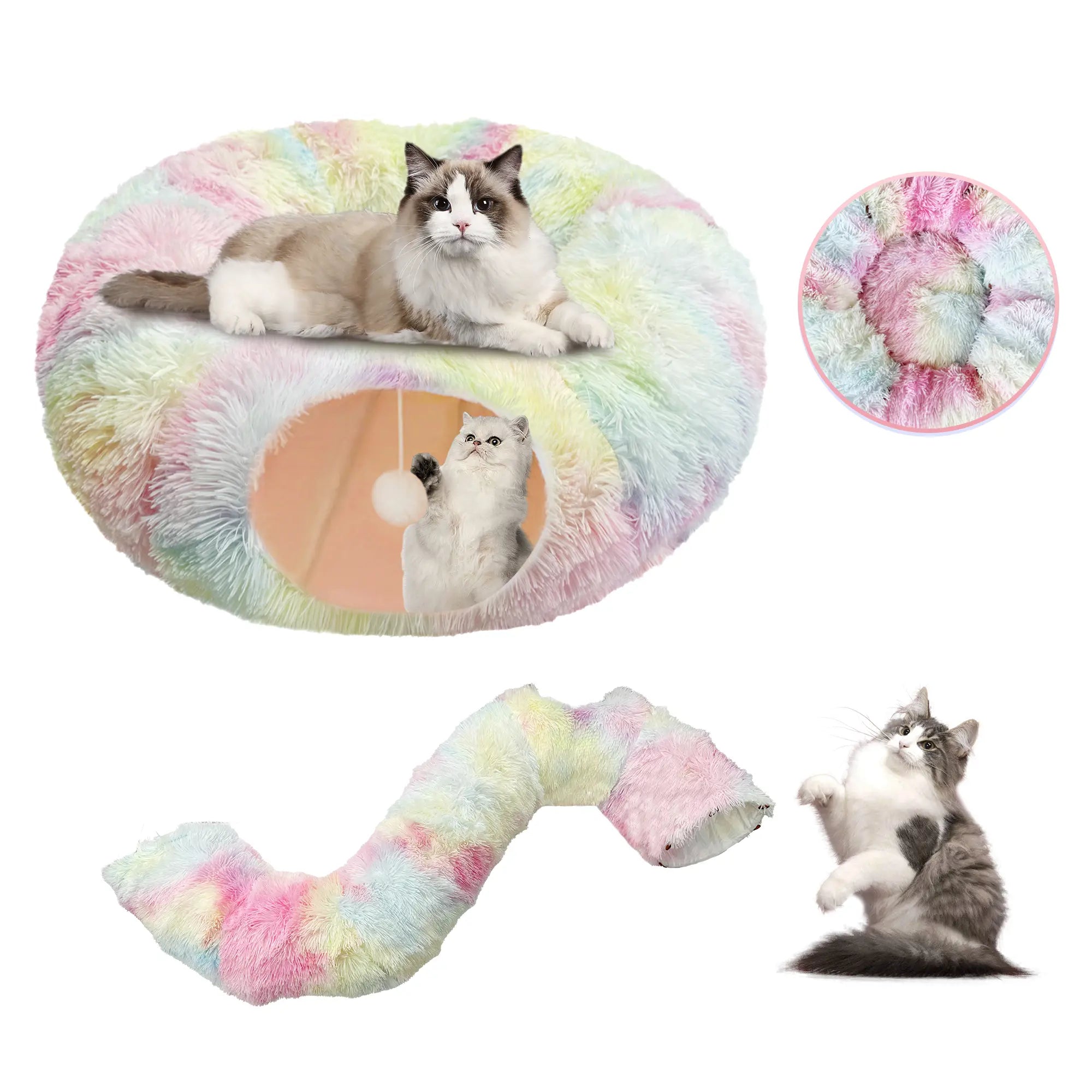 FelRelWel fluffy pastel multicolor Cat Tunnel Bed with two cats playing and resting inside and on top