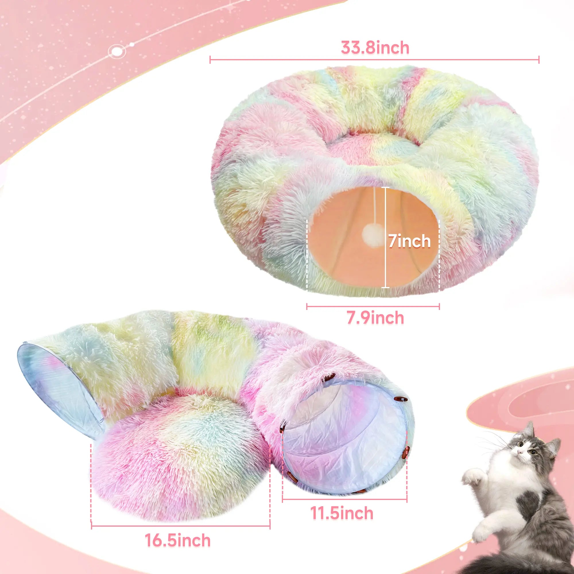 FelRelWel colorful fluffy Cat Tunnel Bed with soft pastel rainbow fur and spacious entry for cats
