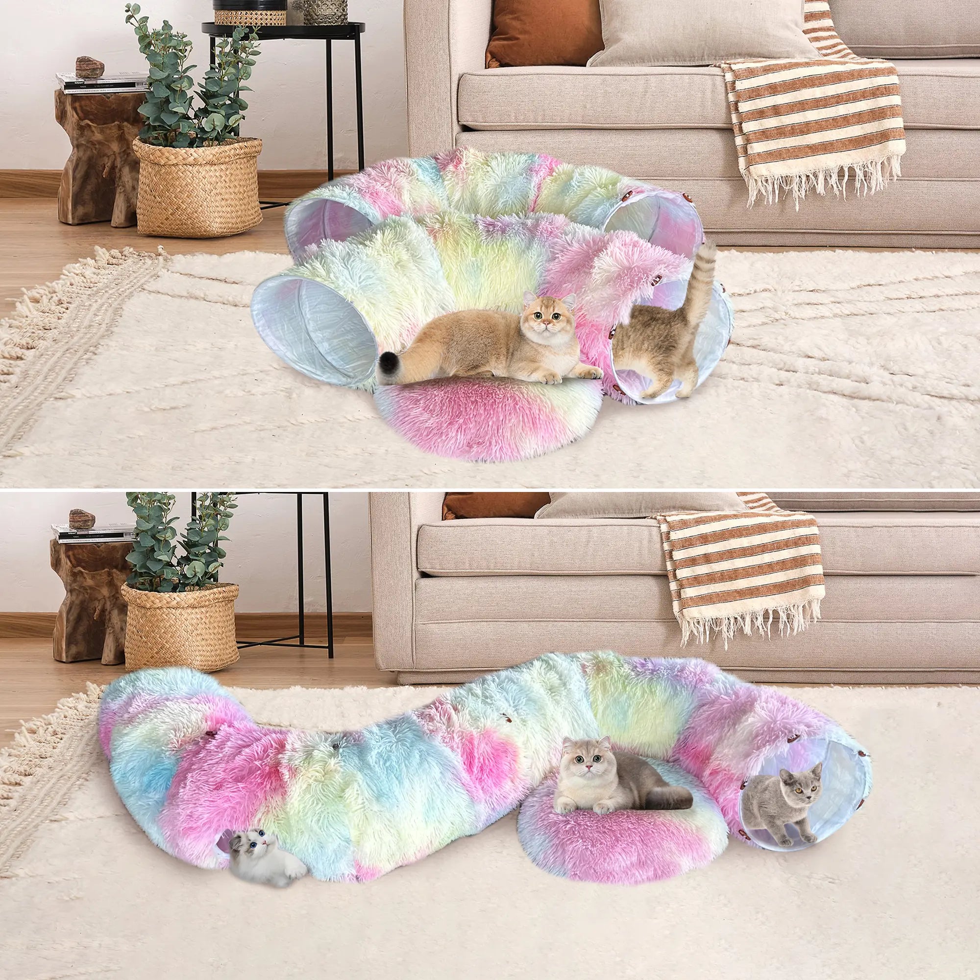 FelRelWel Cat Tunnel Bed in pastel rainbow colors with soft plush texture and playful cats inside