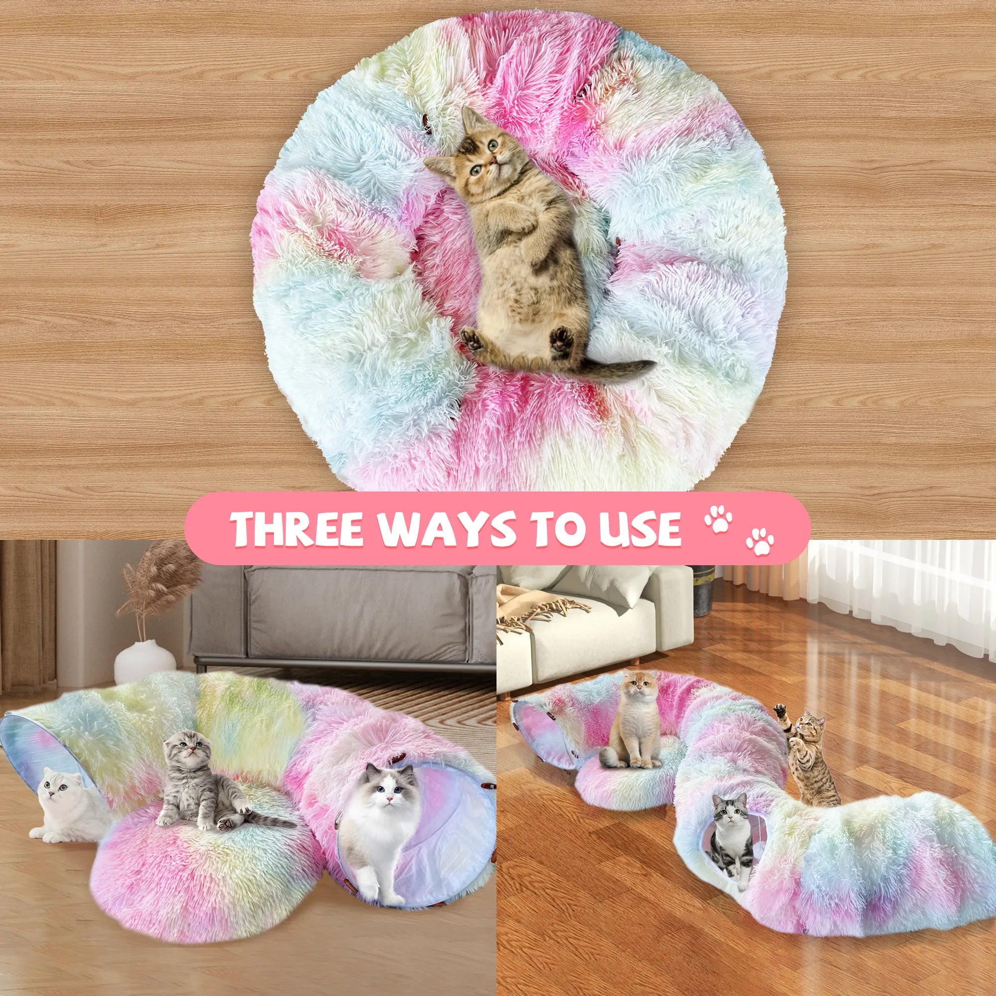 FelRelWel colorful Cat Tunnel Bed with plush soft fabric shown in three ways with cats lounging and playing