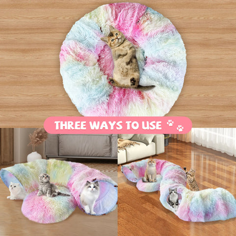 FelRelWel colorful Cat Tunnel Bed with plush soft fabric shown in three ways with cats lounging and playing