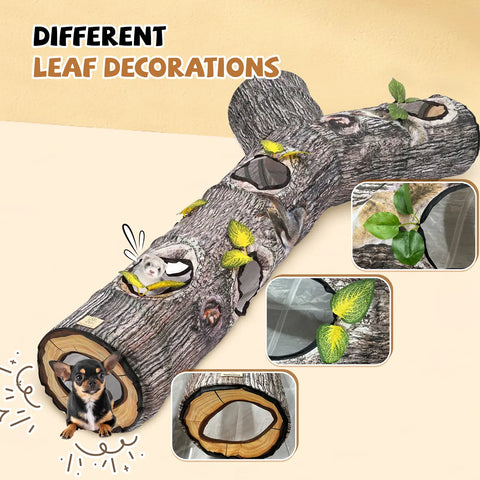 FelRelWel Cat Tunnel designed like a tree log with different leaf decorations and multiple openings for pets