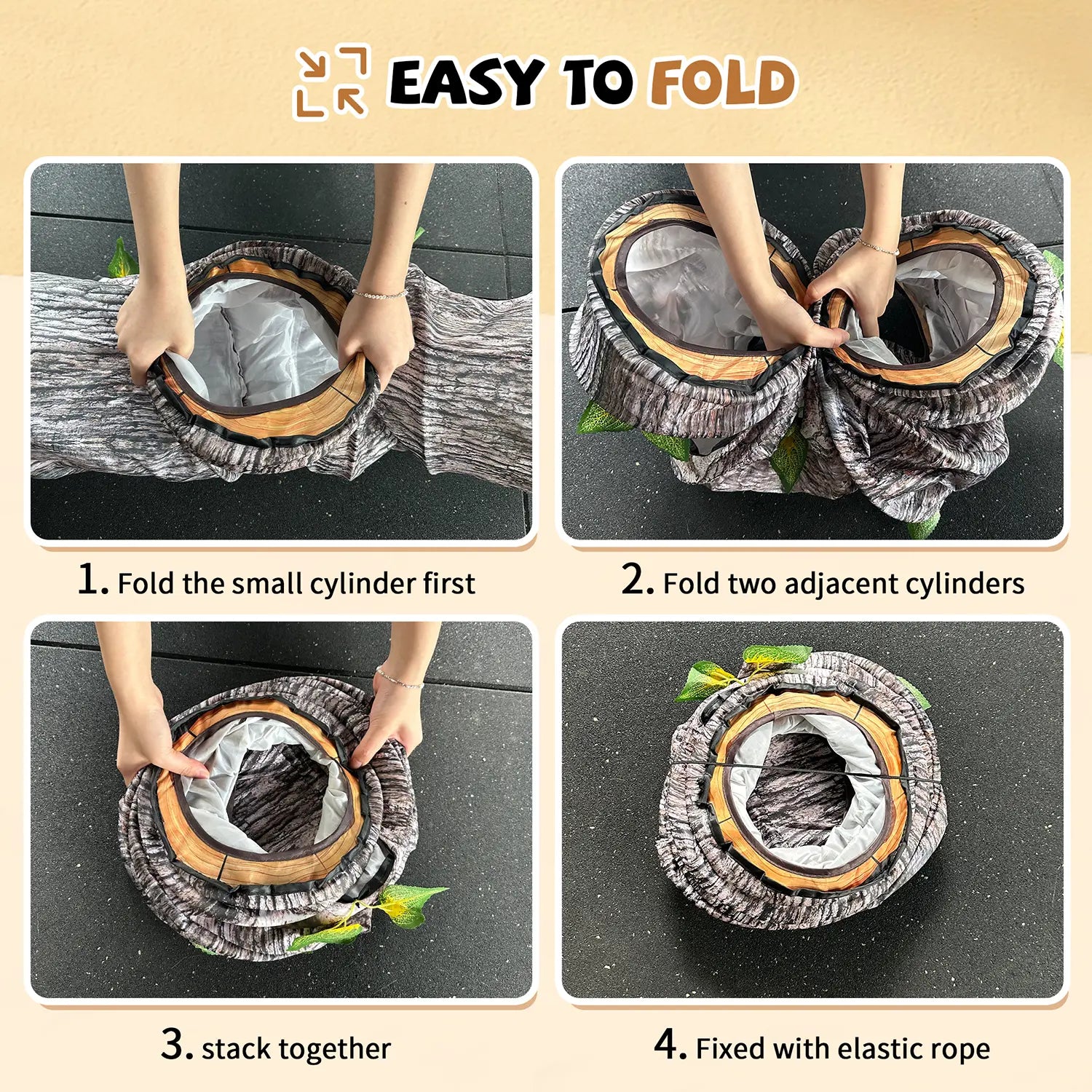 Step-by-step folding instructions for FelRelWel Cat Tunnel showing easy compact storage