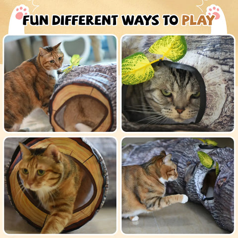 FelRelWel Cat Tunnel designed like a log with cats playing and exploring inside and around it