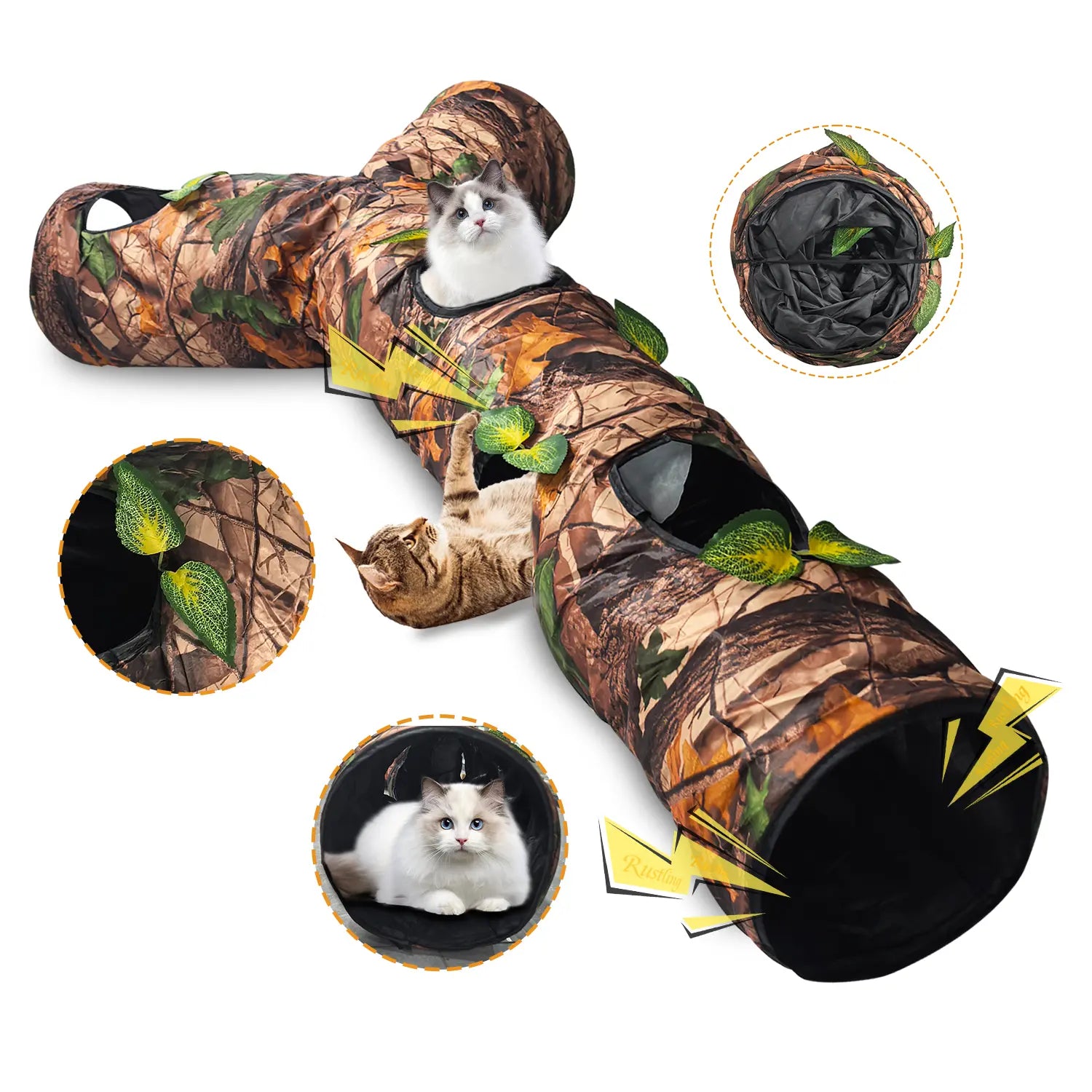 FelRelWel camouflage cat tunnels with playful cats inside and leaf decorations for interactive pet fun