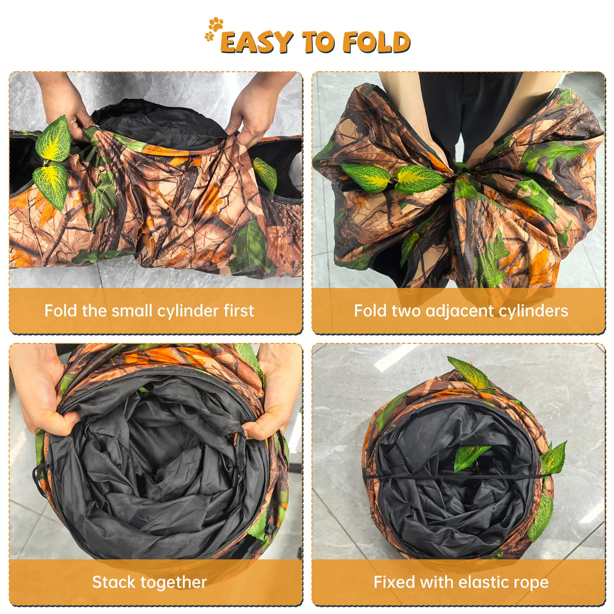 FelRelWel cat tunnels in camouflage pattern being folded for easy storage with elastic rope securing