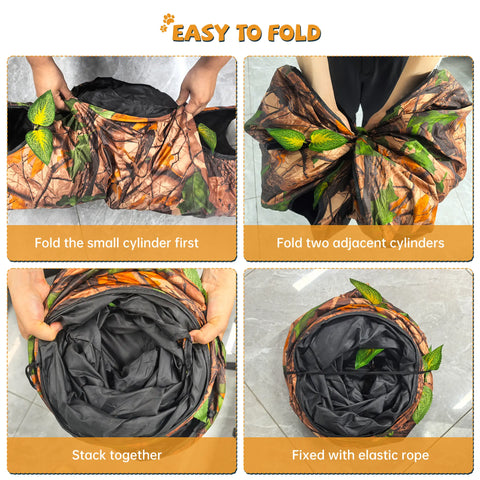 FelRelWel cat tunnels in camouflage pattern being folded for easy storage with elastic rope securing